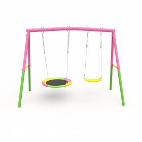Swing Set For Backyard, 330lbs Swing Set With Heavy-Duty A-Frame Metal Outdoor Swing Stand, 1 Saucer Swing Seat & 1 Belt Swings Seat