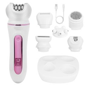 1Pc 5 In 1 Electric Body Epilator Rechargeable Women's Grooming Kit Epilator Shaver Facial Brush Callus Remover 5 Point Massager With LED Light L (Color: White)