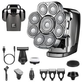 1Pc 6 In 1 9D Electric Head Shaver For Men Cordless Rechargeable Wet Dry Razor With LED Display Travel Lock Stall Protection Cleaning Reminder (Color: Black)