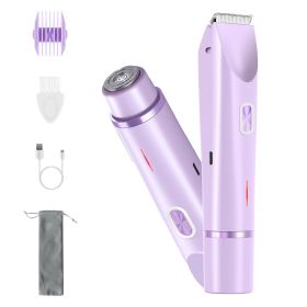 1Pc 2 In 1 Bikini Trimmer For Women Dual Head Cordless Body Shaver IPX7 Waterproof Rechargeable Pubic Hair Razor Wet And Dry Use For Bikini Under (Color: Purple)